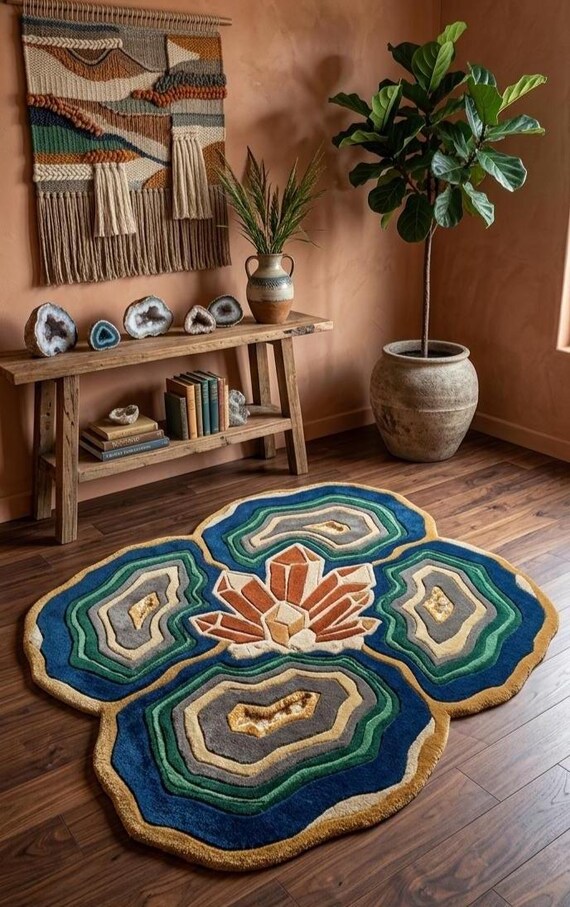 Nature inspired rug, irregular hand tufted wool crystal geode area carpet