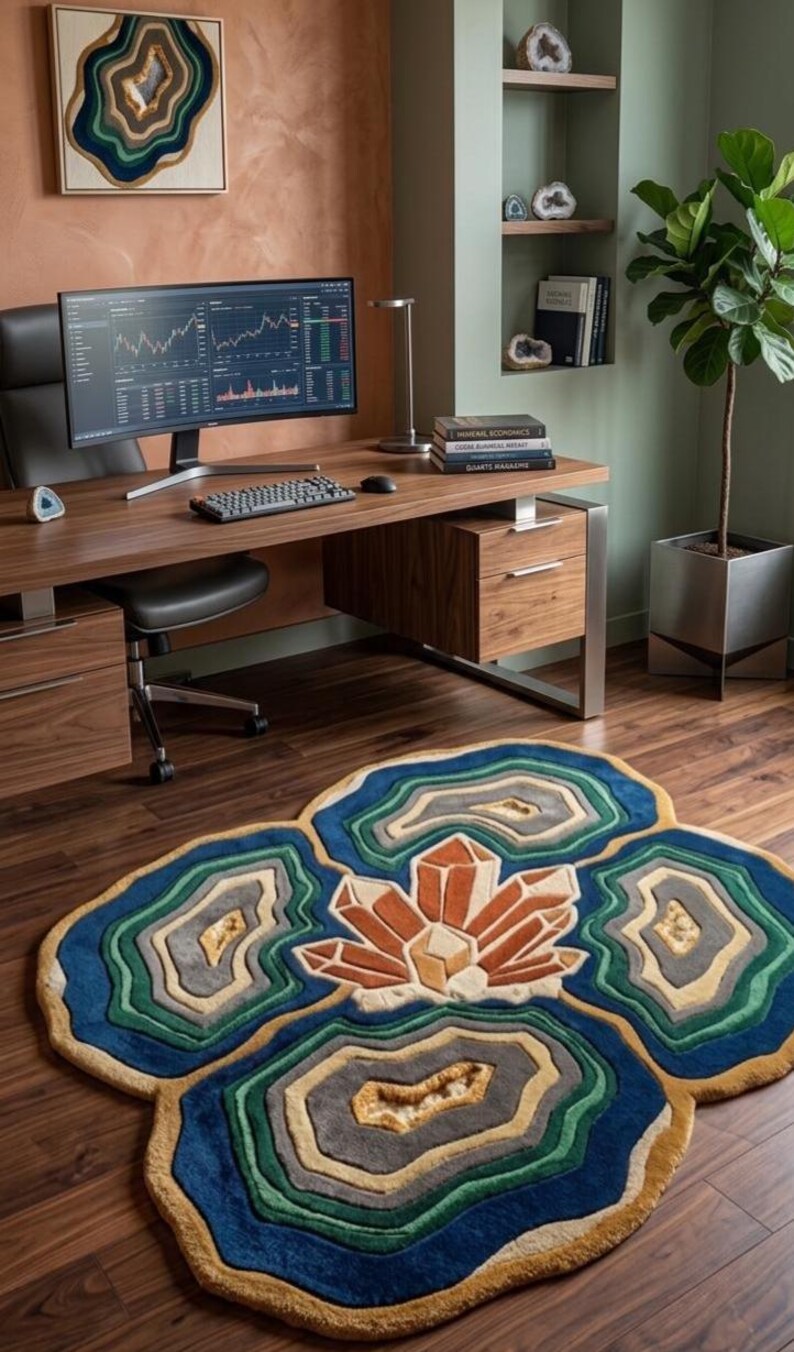 May include: A colorful, geode-shaped rug with a central crystal design. The rug features shades of blue, green, gold, and orange, creating a layered effect. It's placed on a wooden floor, complementing the office setting.
