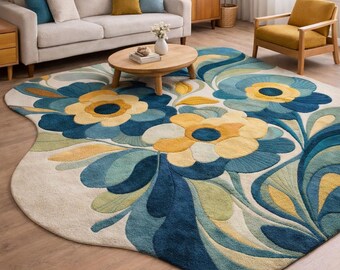 Soft Floral Rug, Blue Flower Area Carpet, Modern Living Room decor