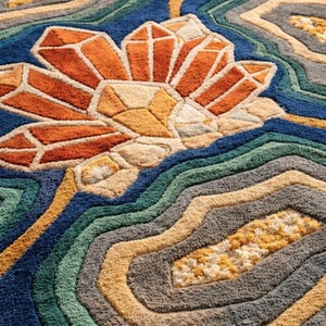 May include: A colorful, patterned rug with a floral design. The rug features a large, stylized flower in shades of orange, beige, and yellow, surrounded by concentric, wavy lines in blue, green, gray, and gold. The rug is made of a soft, textured material.