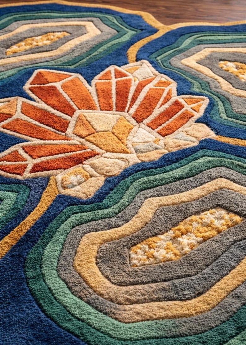 May include: A colorful, patterned rug with a floral design. The rug features a large, stylized flower in shades of orange, beige, and yellow, surrounded by concentric, wavy lines in blue, green, gray, and gold. The rug is made of a soft, textured material.