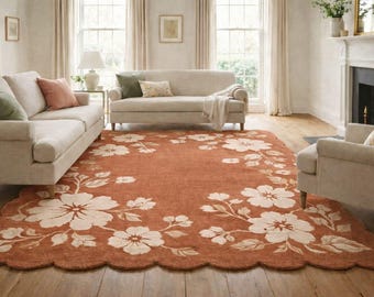 Scalloped Floral Area Rug - Burnt Orange Hand Tufted Wool Carpet for Living Room