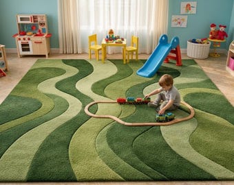 Kids Playroom Rug, Green Abstract Road Carpet , Nursery Area Decor