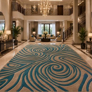 Alfombra de lana turquesa con diseño abstracto de remolinos ondulados y curvados, ideal para vestíbulos de gran tamaño.