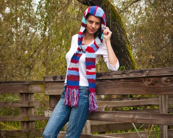 Reds and Blues Hooded Scarf with Fringe