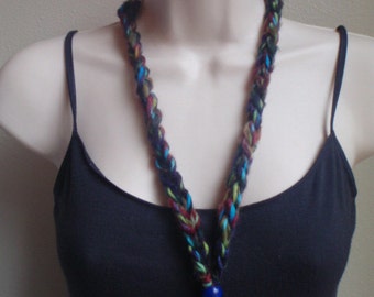 Badge Holder Crochet Beaded Lanyard in Dark Rainbow with Blue Bead