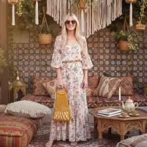 Peut inclure: Une femme porte une robe longue &agrave; fleurs avec des manches &eacute;vas&eacute;es et des lunettes de soleil, tenant un sac &agrave; main en macram&eacute; jaune avec une poign&eacute;e en bois. Le fond pr&eacute;sente un d&eacute;cor boh&egrave;me, avec des coussins &agrave; motifs, une table en bois sculpt&eacute; et des plantes suspendues.