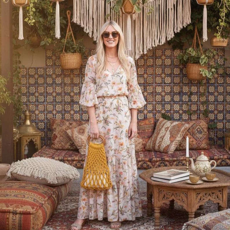 Peut inclure: Une femme porte une robe longue &agrave; fleurs avec des manches &eacute;vas&eacute;es et des lunettes de soleil, tenant un sac &agrave; main en macram&eacute; jaune avec une poign&eacute;e en bois. Le fond pr&eacute;sente un d&eacute;cor boh&egrave;me, avec des coussins &agrave; motifs, une table en bois sculpt&eacute; et des plantes suspendues.