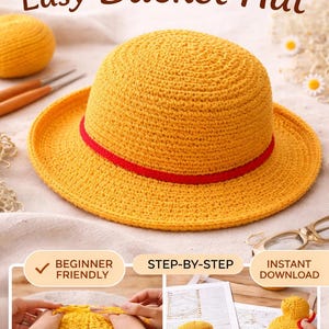 May include: A yellow crocheted bucket hat with a red band. The image includes the text "Crochet Pattern PDF", "Easy Bucket Hat", "Beginner Friendly", "Step-by-Step", and "Instant Download". The hat is displayed on a neutral background.