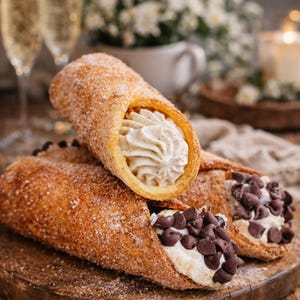 May include: Close-up of three cannoli pastries on a wooden board. The cannoli shells are golden brown and dusted with cinnamon sugar. One is filled with a creamy white filling, and two are topped with chocolate chips. Champagne flutes are in the background.