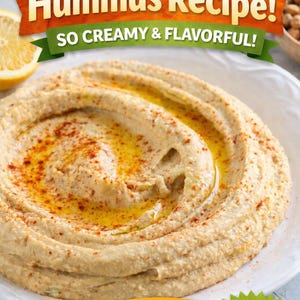 May include: A close-up of a creamy hummus dish on a white plate, drizzled with olive oil and sprinkled with paprika. The image includes text that reads "The BEST Hummus Recipe!" and "SO CREAMY & FLAVORFUL!" with additional text that says "*INGREDIENTS! Quick & Easy! Healthy Snack!"