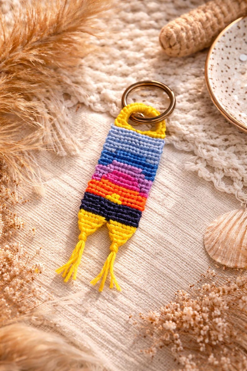 Op de afbeelding: Een handgemaakte sleutelhanger met een kleurrijk geweven ontwerp. De sleutelhanger heeft een kleurovergang van blauw, roze, oranje en geel, met een goudkleurige ring. De kwastjes zijn geel. De achtergrond is een stof met neutrale tinten.