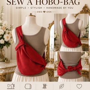 Peut inclure: Un sac hobo rouge est présenté sur un mannequin, mettant en valeur son design. Le sac est porté en bandoulière, avec un design simple et élégant. Le texte "SEW A HOBO-BAG" est en haut, avec du texte supplémentaire indiquant qu'il est facile et fait à la main.