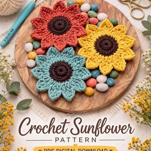 Crochet Sunflower Pattern PDF, Easy Flower Coaster Tutorial, Digital Download, Step by Step Photo Instructions, Beginner Crochet