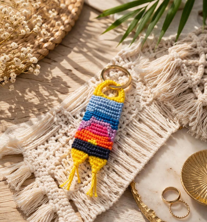 Op de afbeelding: Een handgemaakte, kleurrijke sleutelhanger met een gouden ring. De sleutelhanger heeft een geweven ontwerp met blauwe, roze, oranje en gele tinten. De sleutelhanger wordt gepresenteerd op een macrame placemat.