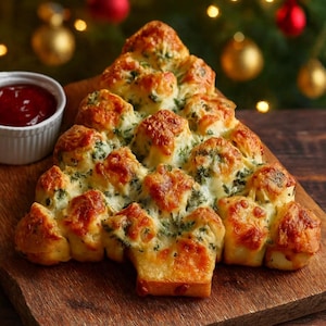 Può includere: Pane a forma di albero di Natale, dorato con formaggio fuso ed erbe, su un tagliere di legno. Una piccola ciotola bianca di salsa rossa è a sinistra. Decorazioni natalizie festive sullo sfondo.