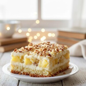 Pode incluir: Uma fatia de bolo de abacaxi num prato branco. O bolo tem camadas de bolo amarelo, cobertura branca e pedaços de abacaxi. É coberto com nozes picadas. O fundo inclui uma chávena branca, livros e iluminação suave.