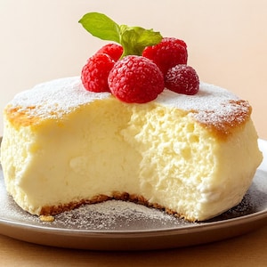 Puede incluir: Una porción de tarta de queso en un plato gris, cubierta con frambuesas rojas frescas y una ramita de menta. El pastel está espolvoreado con azúcar glas, y se ha quitado un bocado. El fondo es de color beige claro.