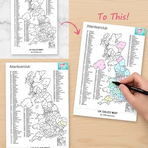 May include: A white UK sales map with the text "From This" and "To This!" with the Atlanteanclub logo. The map is being colored in with a black marker. The text "Add your business Name & Logo" is also present.