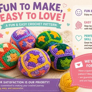 Puede incluir: Imagen de bolas de ganchillo coloridas con una variedad de patrones. El texto dice: "FUN TO MAKE, EASY TO LOVE! A FUN & EASY CROCHET PATTERN." Texto adicional destaca la naturaleza relajante del patr&oacute;n, la facilidad de uso y la idoneidad para todos los niveles.