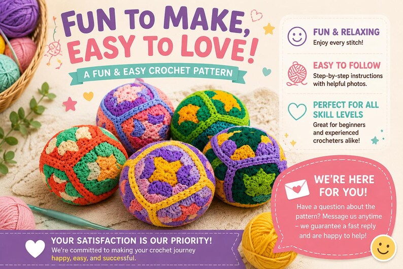 Puede incluir: Imagen de bolas de ganchillo coloridas con una variedad de patrones. El texto dice: "FUN TO MAKE, EASY TO LOVE! A FUN & EASY CROCHET PATTERN." Texto adicional destaca la naturaleza relajante del patr&oacute;n, la facilidad de uso y la idoneidad para todos los niveles.