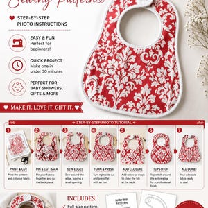 Puede incluir: Un patrón de costura para un babero fácil para bebés. El babero es rojo con un estampado floral blanco. La imagen incluye instrucciones fotográficas paso a paso, un patrón de tamaño completo y es apto para principiantes. Descarga instantánea.