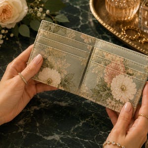 Peut inclure: Portefeuille ouvert avec un motif floral dans les tons de vert, rose et blanc. Le portefeuille est tenu ouvert, révélant des fentes pour cartes. Le fond présente des fleurs et des objets décoratifs.