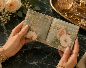 May include: Open wallet with a floral design in shades of green, pink, and white. The wallet is held open, revealing card slots. The background features flowers and decorative items.