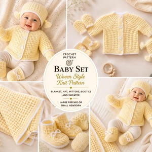 May include: A baby wearing a yellow knit sweater, hat, and booties set. The set includes a blanket and mittens. The text on the image says "Baby Set Woven Style Knit Pattern".