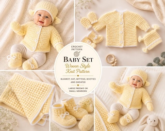 Puede incluir: Un conjunto de bebé tejido en amarillo, que incluye un cárdigan, un gorro y botines. El conjunto también incluye una manta y manoplas. El texto de la imagen dice "Baby Set Woven Style Knit Pattern".