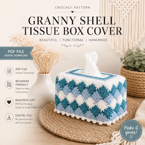 May include: A crochet pattern for a Granny Shell tissue box cover, presented as a digital download. The cover features a repeating shell stitch pattern in shades of teal, light blue, and white, designed to fit over a standard rectangular tissue box.