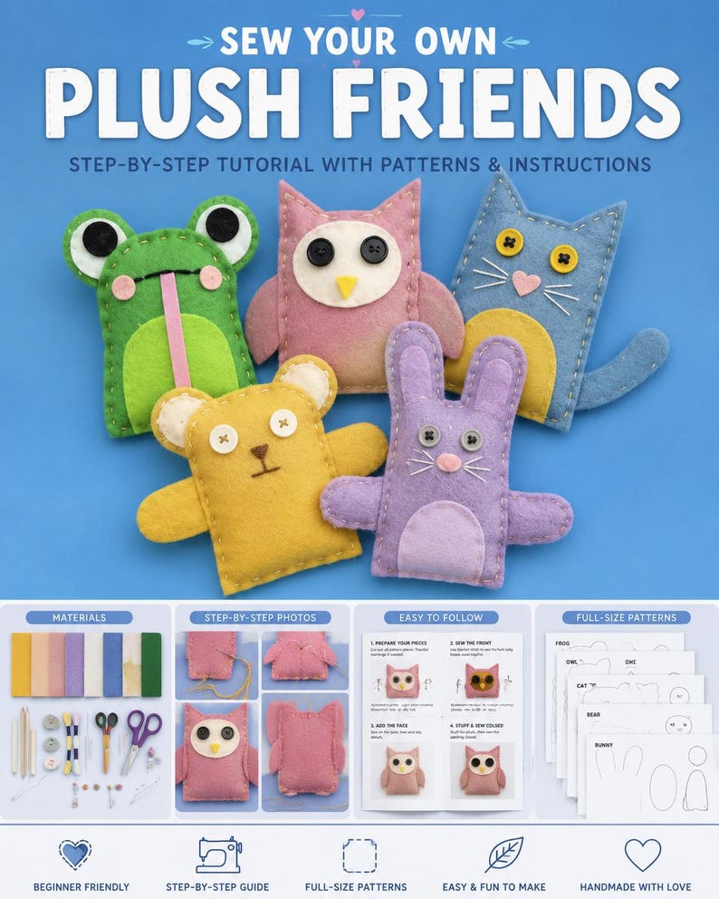 Plush Pattern Tutorial DIY Felt Plush Sewing Pattern Bundle | Cute Animal Plushies Tutorial ...