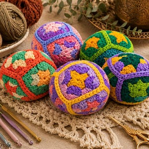 Puede incluir: Una colecci&oacute;n de bolas de ganchillo coloridas en varios colores, incluyendo rojo, verde, morado y amarillo. Las bolas est&aacute;n dispuestas sobre una superficie de ganchillo de color crema, con ganchillos e hilo en el fondo. Tambi&eacute;n se ve una vela en un portavelas.