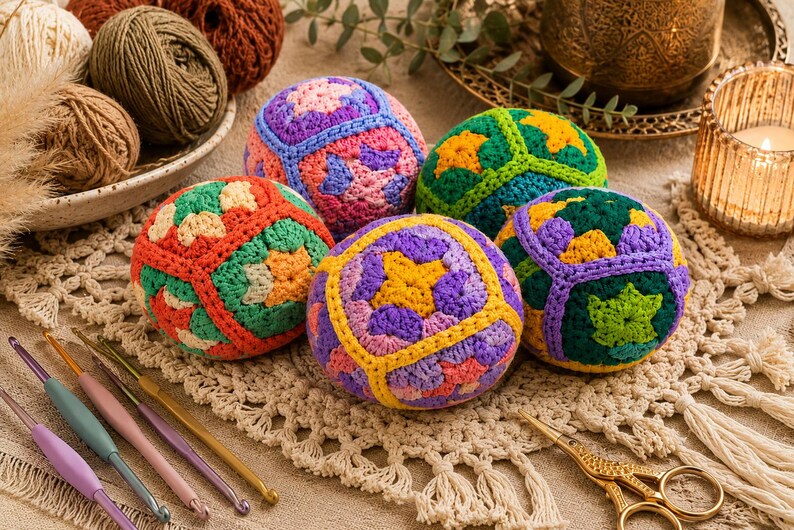 Puede incluir: Una colecci&oacute;n de bolas de ganchillo coloridas en varios colores, incluyendo rojo, verde, morado y amarillo. Las bolas est&aacute;n dispuestas sobre una superficie de ganchillo de color crema, con ganchillos e hilo en el fondo. Tambi&eacute;n se ve una vela en un portavelas.