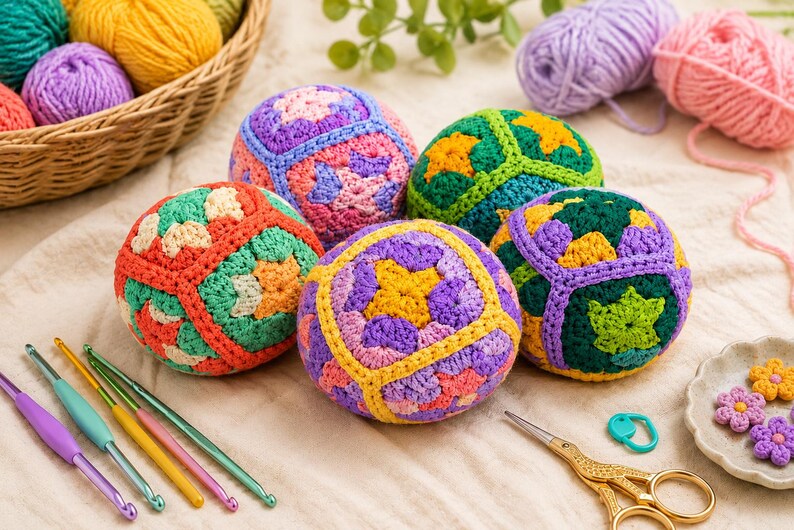 Puede incluir: Varias bolas de ganchillo de colores brillantes con patrones geom&eacute;tricos. Tambi&eacute;n se ven ganchos de ganchillo, hilo y peque&ntilde;as flores de ganchillo. La escena sugiere un proyecto de artesan&iacute;a con un enfoque en art&iacute;culos hechos a mano.