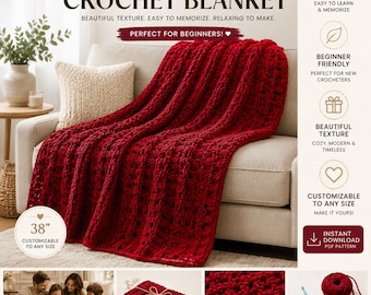 Puede incluir: Una manta de ganchillo de color rojo oscuro sobre un sofá beige. La manta tiene un patrón texturizado y se describe como una "Super Easy One Row Repeat Crochet Blanket". La imagen incluye texto sobre las características y los materiales del patrón.