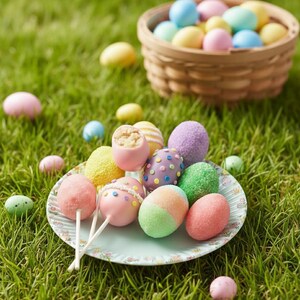 May include: A plate of colorful Easter cake pops and decorated eggs on a bed of green grass. The cake pops are pink, green, and purple, with sprinkles and other decorations. A basket of pastel-colored eggs sits in the background.