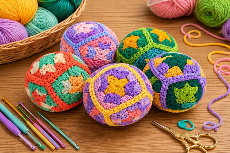 Puede incluir: Una colecci&oacute;n de esferas de ganchillo coloridas en varios colores, incluyendo naranja, morado, verde y amarillo. Las esferas est&aacute;n dispuestas sobre una superficie de madera, con ganchos de ganchillo, hilo y una cesta de hilo en el fondo.