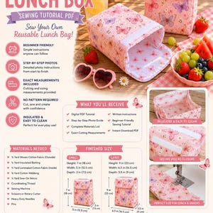 Puede incluir: Un tutorial de costura en PDF digital para una lonchera aislada con un patrón de mariposas rosas. La guía incluye fotos paso a paso, instrucciones escritas y medidas de corte para bolsas pequeñas (18x12,5x7,5 cm) y grandes (23x16,5x9 cm).