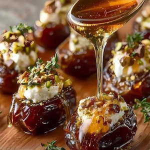 May include: Close-up of gourmet dates stuffed with white cheese, topped with chopped nuts and herbs, and drizzled with honey. The dates are arranged on a wooden surface, with a spoon pouring honey over them.