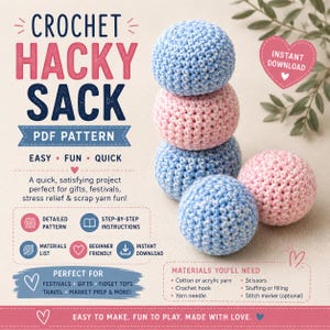 May include: A stack of four crocheted hacky sacks in light blue and pink. The image includes text that reads "CROCHET HACKY SACK PDF PATTERN" and "EASY FUN QUICK". The pattern is described as beginner-friendly and perfect for gifts and festivals.