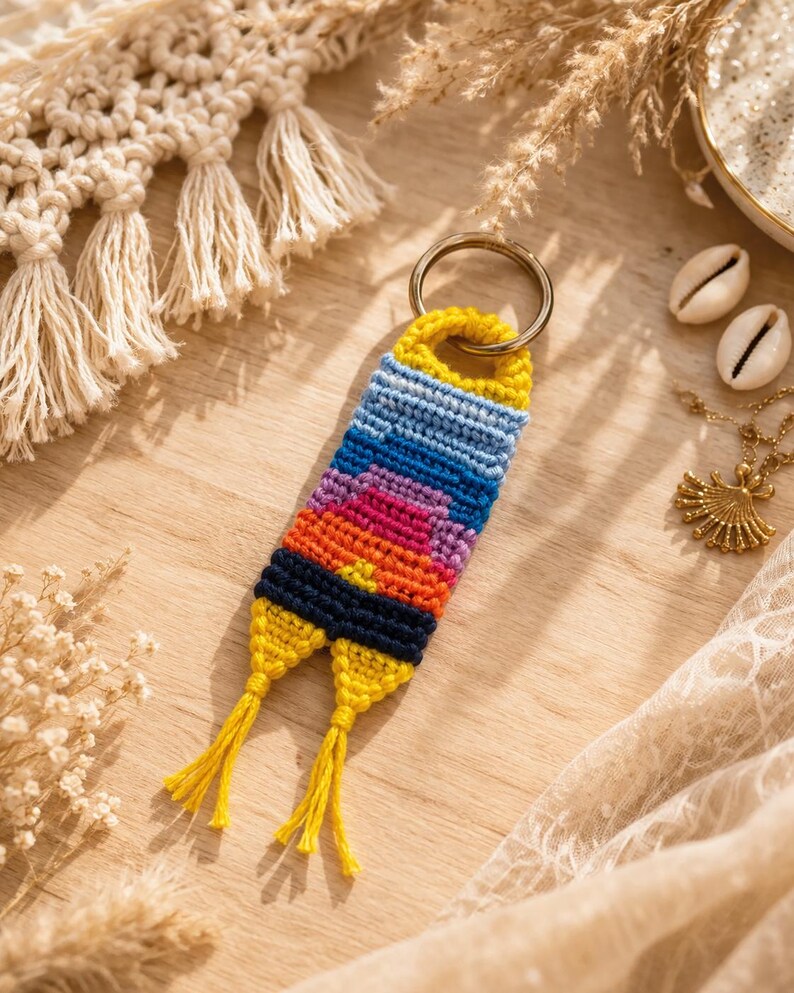 Op de afbeelding: Een handgemaakte macram&eacute; sleutelhanger met een kleurrijk zonsondergangontwerp. De sleutelhanger heeft een gele boven- en onderkant, met een verloop van blauw, roze, oranje en paars in het midden. Het heeft een gouden metalen ring en gele kwastjes.