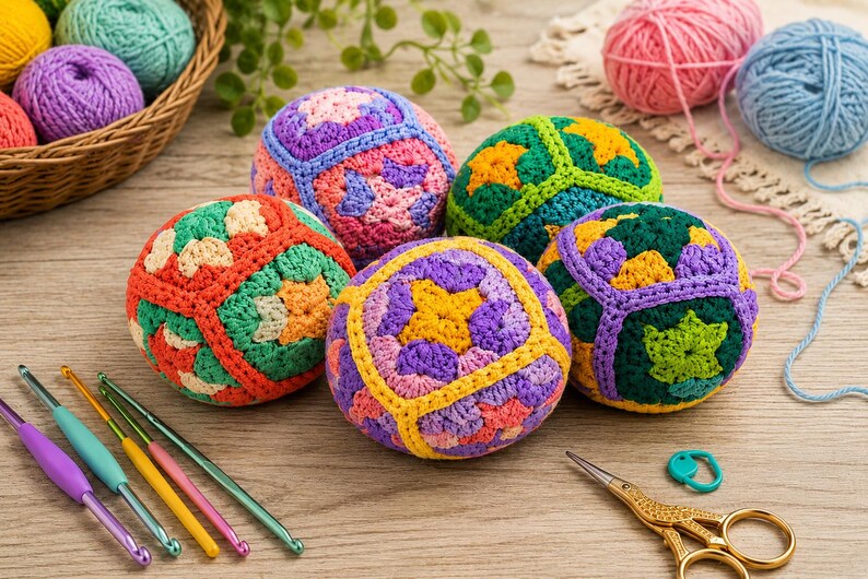 Puede incluir: Una colecci&oacute;n de bolas de ganchillo coloridas en varios colores, incluyendo rojo, verde, morado y amarillo. Tambi&eacute;n se ven ganchillos y ovillos de lana. Las bolas tienen patrones geom&eacute;tricos y probablemente est&aacute;n hechas a mano.