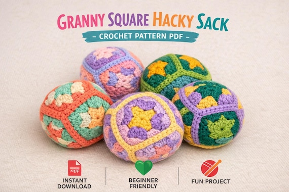Crochet Hacky Sack Pattern PDF, Granny Square Tutorial, Beginner Crochet Ball Pattern, Retro 90s Festival Toy, Instant Download DIY Gift