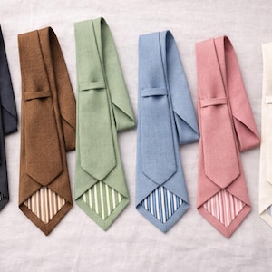 May include: A collection of six neckties in various colors: charcoal, brown, sage green, light blue, dusty rose, and cream. Each tie features a striped pattern at the pointed end. The ties are arranged neatly, showcasing their different hues and textures.