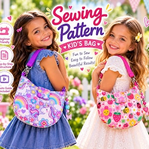 Puede incluir: Un patrón de costura para bolso infantil con el texto Sewing Pattern KID'S BAG, Beginner Friendly, Step-by-Step Instructions, Photo Guide Included, Fun to Sew, Easy to Follow, Beautiful Results. Se muestran dos bolsos con estampados de unicornios y flores.