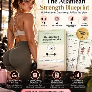 May include: The Atlantean Strength Blueprint printable training guide features a 12-week workout plan with 3 progressive phases, 4 weekly sessions, 28 exercise form guides, and log sheets. The document is presented as a printable A4 PDF.