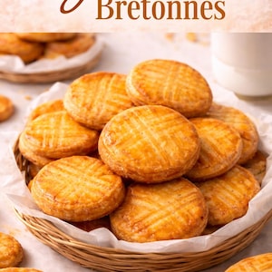 Könnte beinhalten: Ein Korb mit goldbraunen Galettes Bretonnes, runden Butterkeksen mit einem Kreuzmuster, steht auf einer weißen Oberfläche. Das Bild enthält den Text "Galettes Bretonnes". Im Hintergrund ist eine Tasse zu sehen.