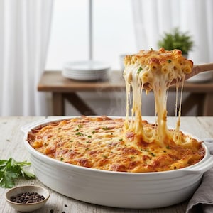 以下が含まれることがあります： 白い楕円形のキャセロール皿に入った、焼きたてのチーズマカロニ料理。木のスプーンがチーズパスタの一部を持ち上げ、溶けたチーズの糸が上に伸びています。新鮮なパセリとペッパーコーンが前景にあります。
