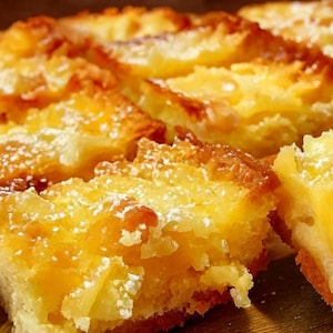 May include: Close-up of a baked dessert with a golden-brown crust and a bright yellow filling. The dessert is cut into squares and dusted with powdered sugar. The texture appears soft and moist, suggesting a lemon bar or similar treat.